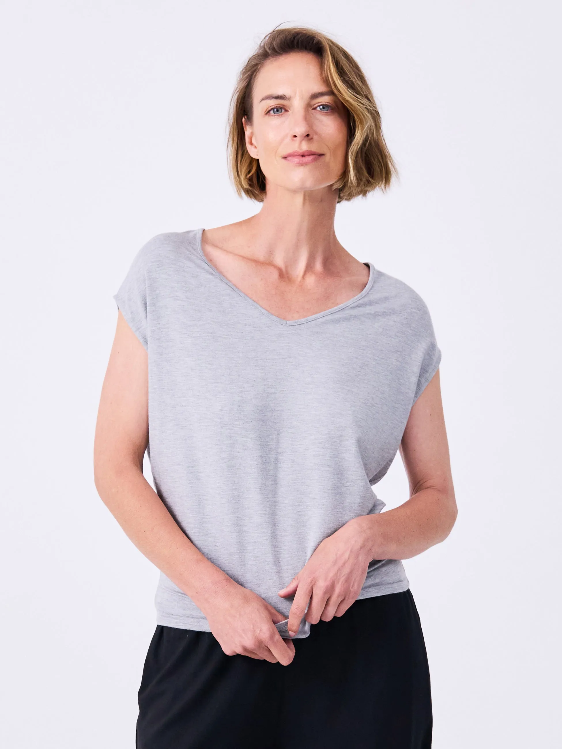 V Neck Modal Tee - Melange Grey