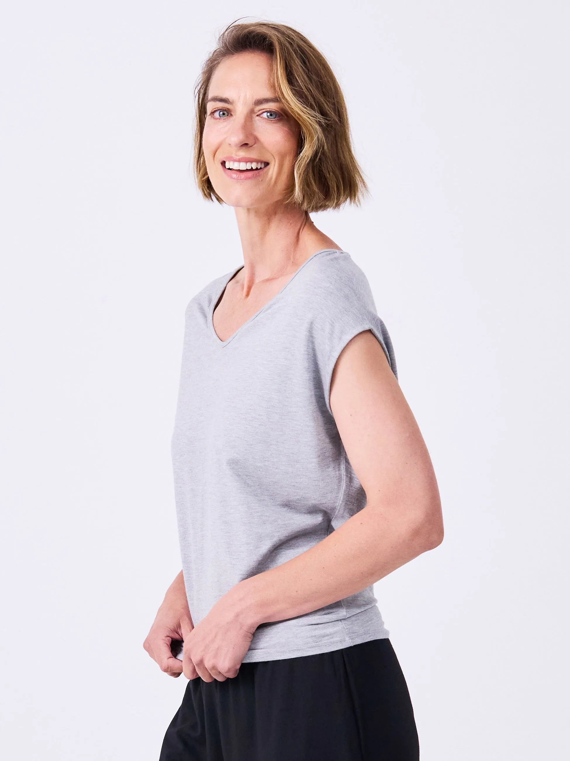 V Neck Modal Tee - Melange Grey