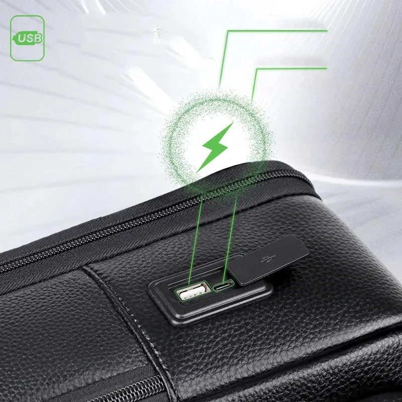 Vanguard Travel Bag: Men's Genuine Leather USB Charging Waterproof Bag