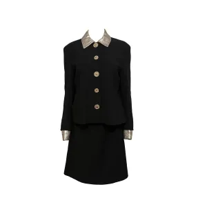 Versace Black Leather Trim Blazer Skirt Set