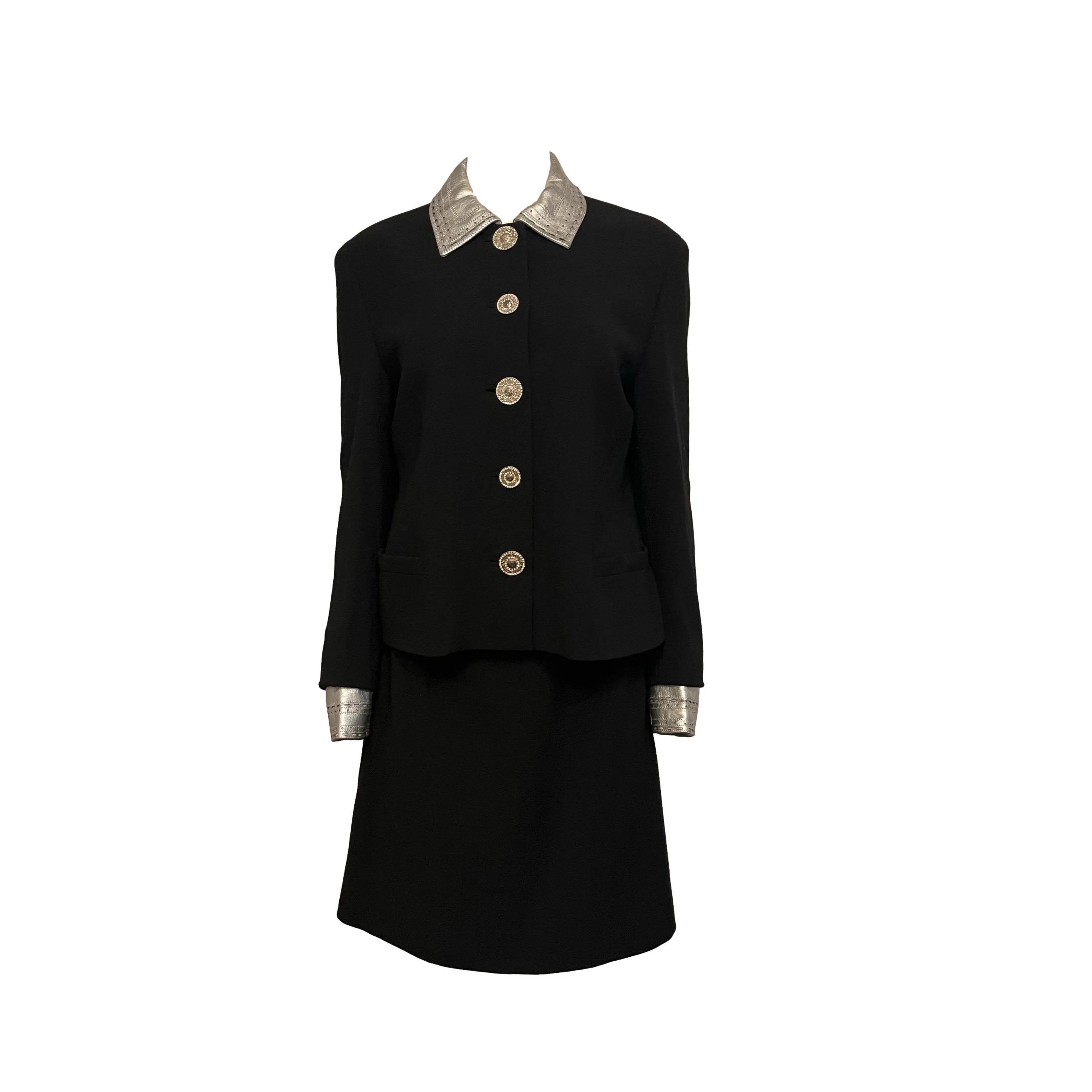 Versace Black Leather Trim Blazer Skirt Set