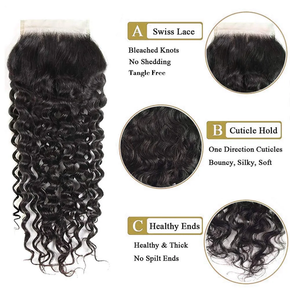 Wavymy Unprocessed Virgin Hair Kinky Curly 4x4 Lace Closure With 3 Bundles Human Hair Weave 10-26 Inch