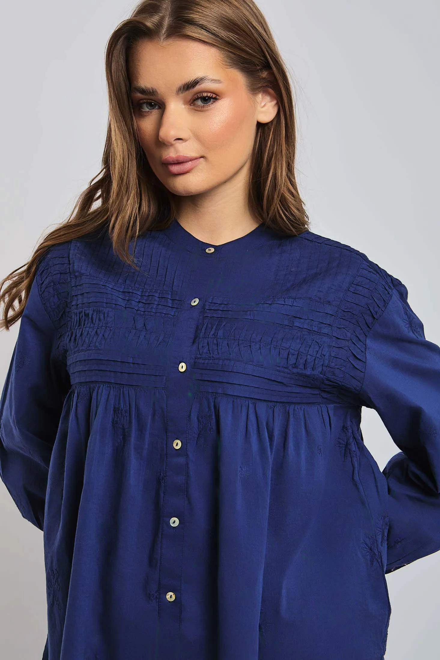 Women Blouse Cotton Long Sleeve Oversized Blue