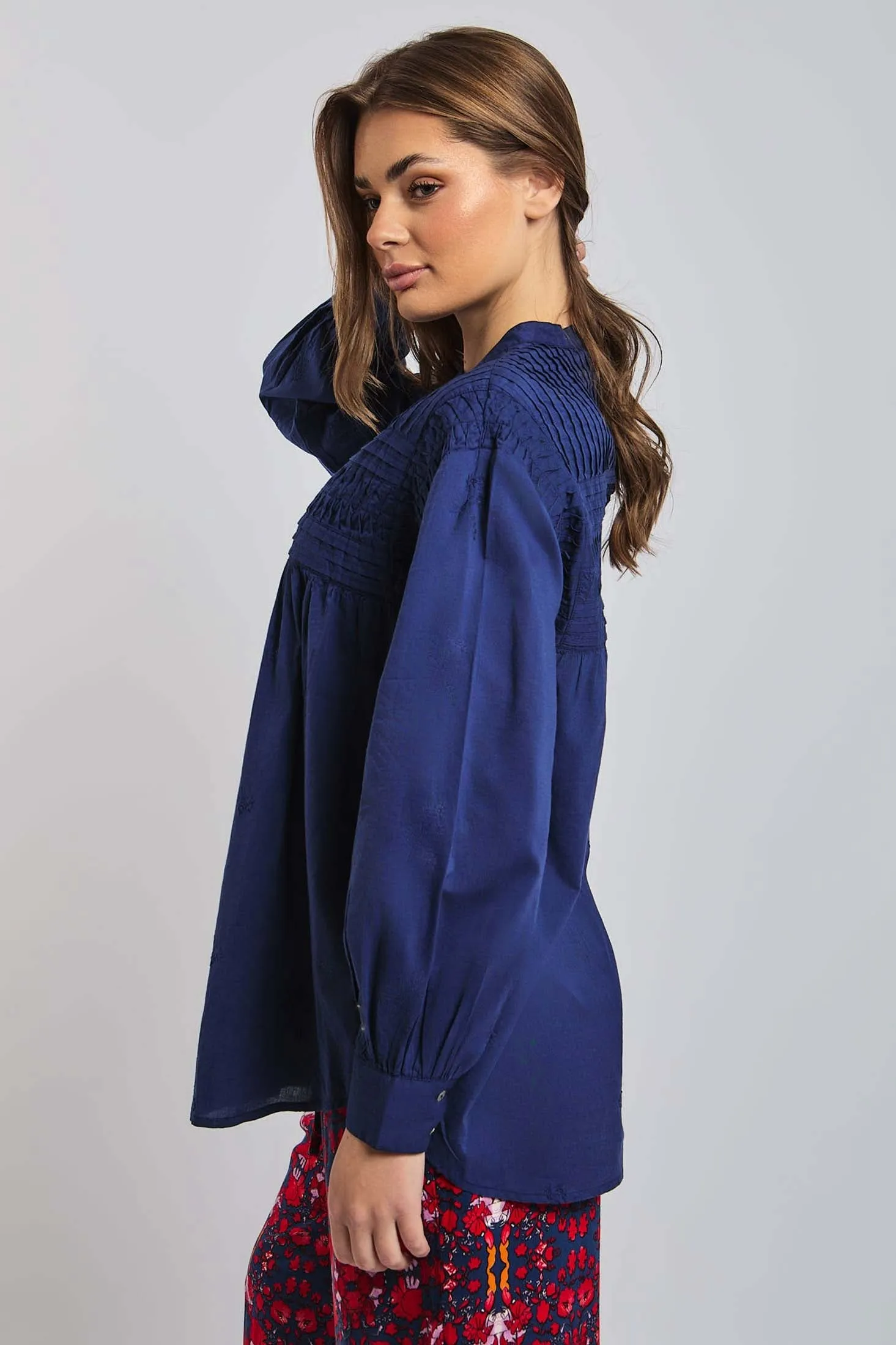 Women Blouse Cotton Long Sleeve Oversized Blue
