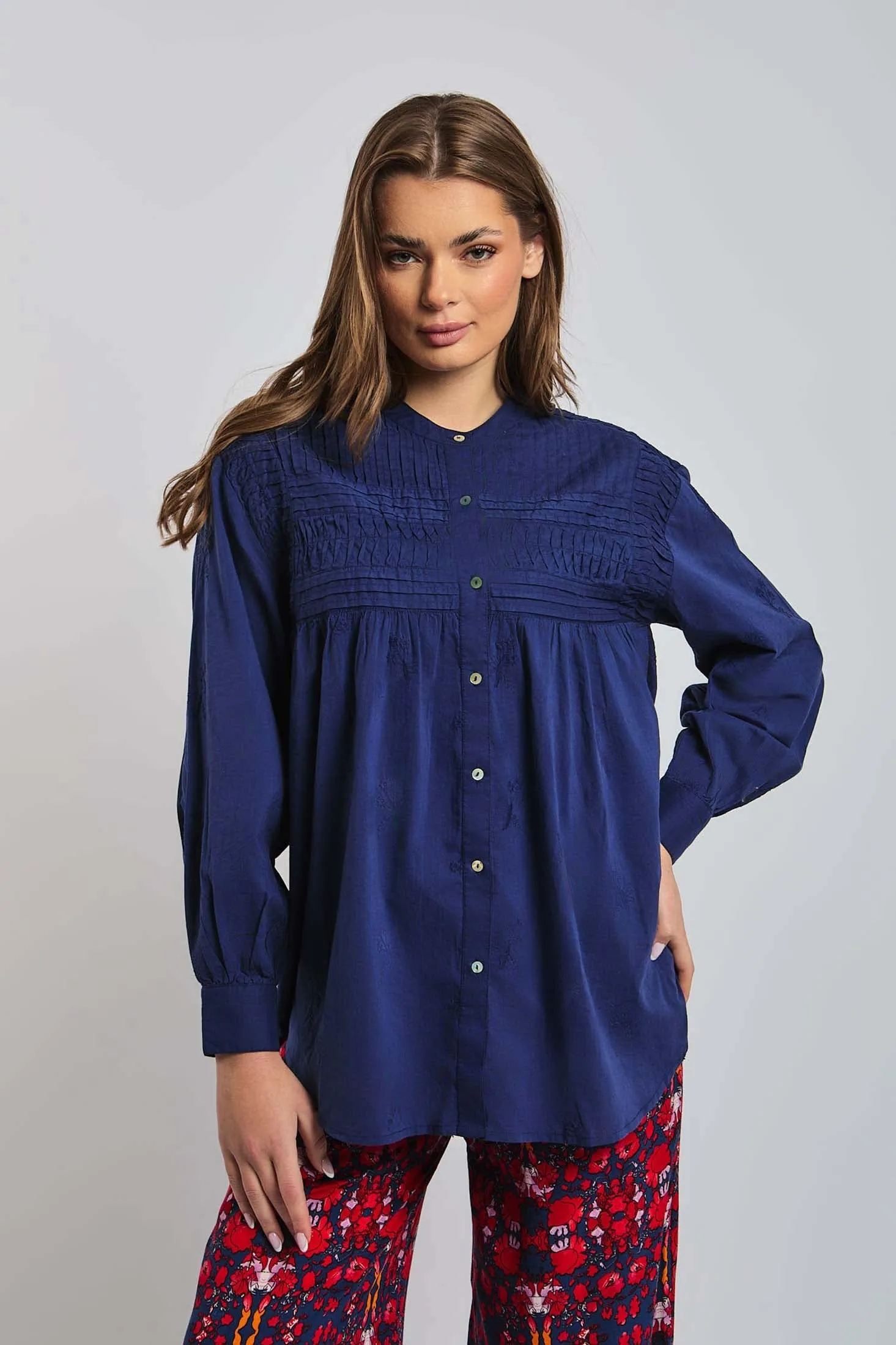 Women Blouse Cotton Long Sleeve Oversized Blue