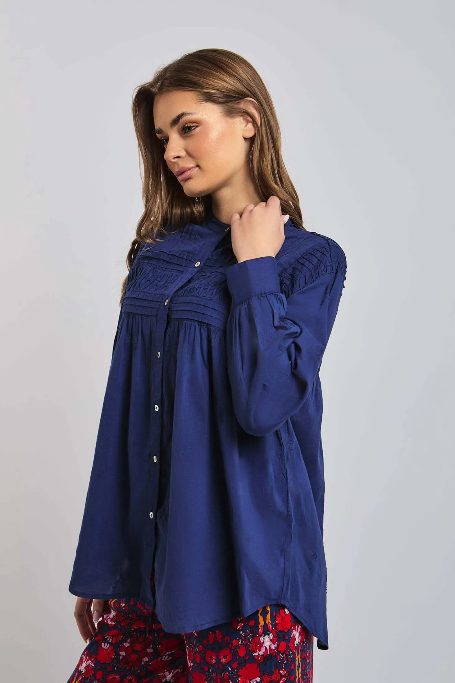 Women Blouse Cotton Long Sleeve Oversized Blue