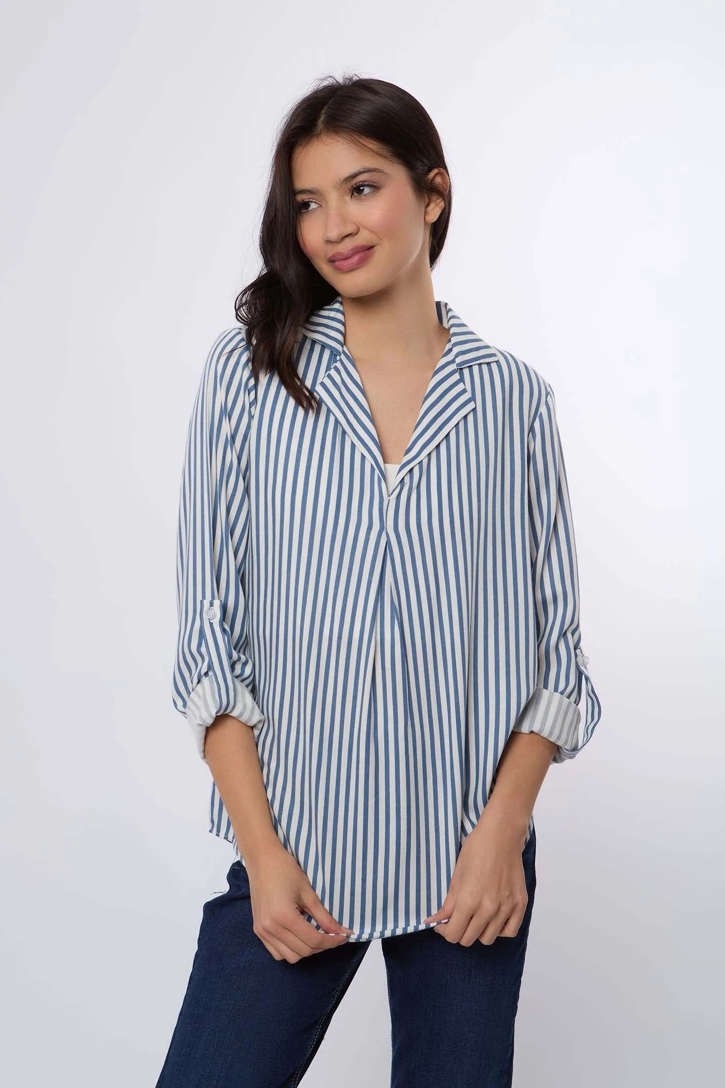 Women Blouse Long Sleeve Striped Viscose Blue