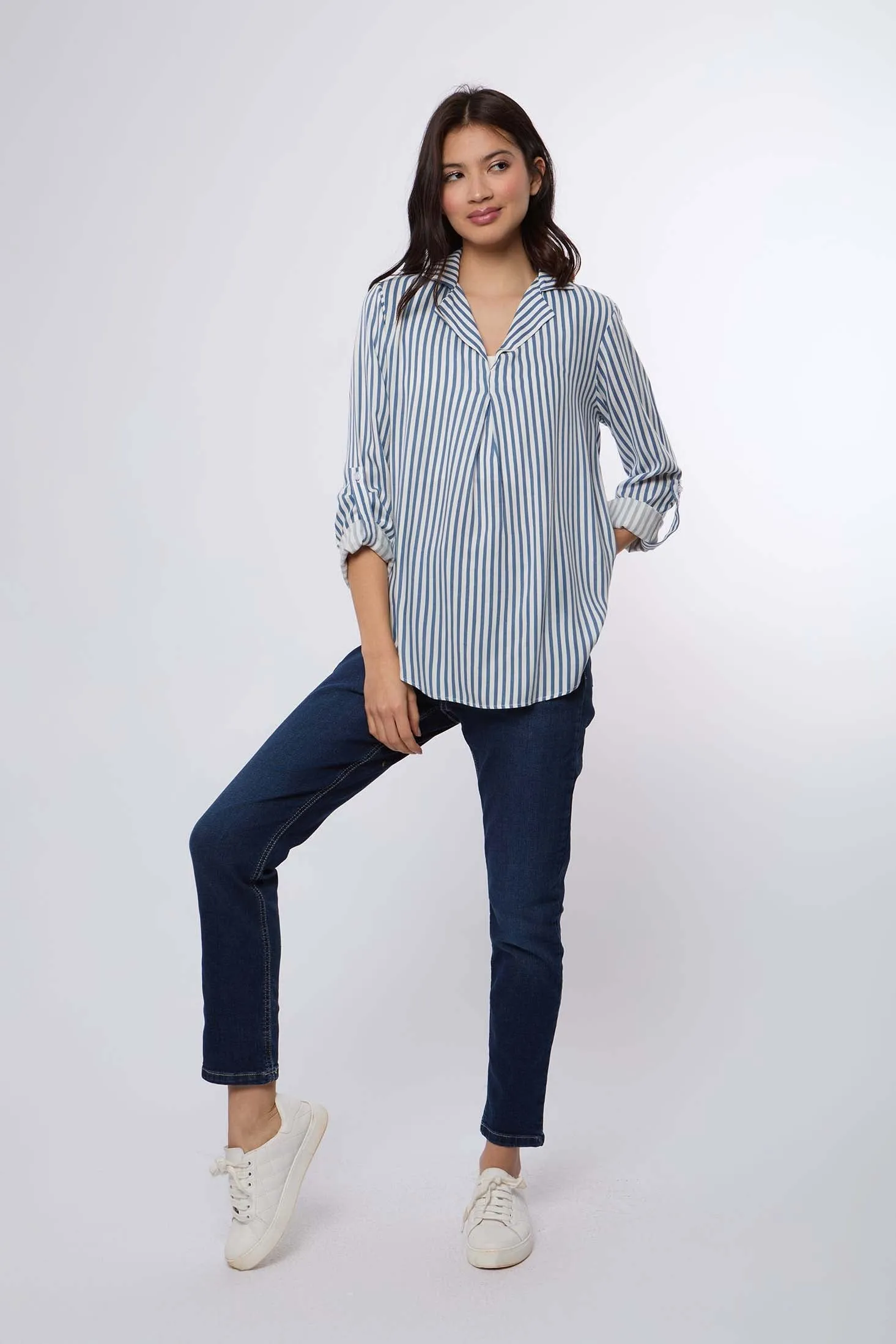 Women Blouse Long Sleeve Striped Viscose Blue