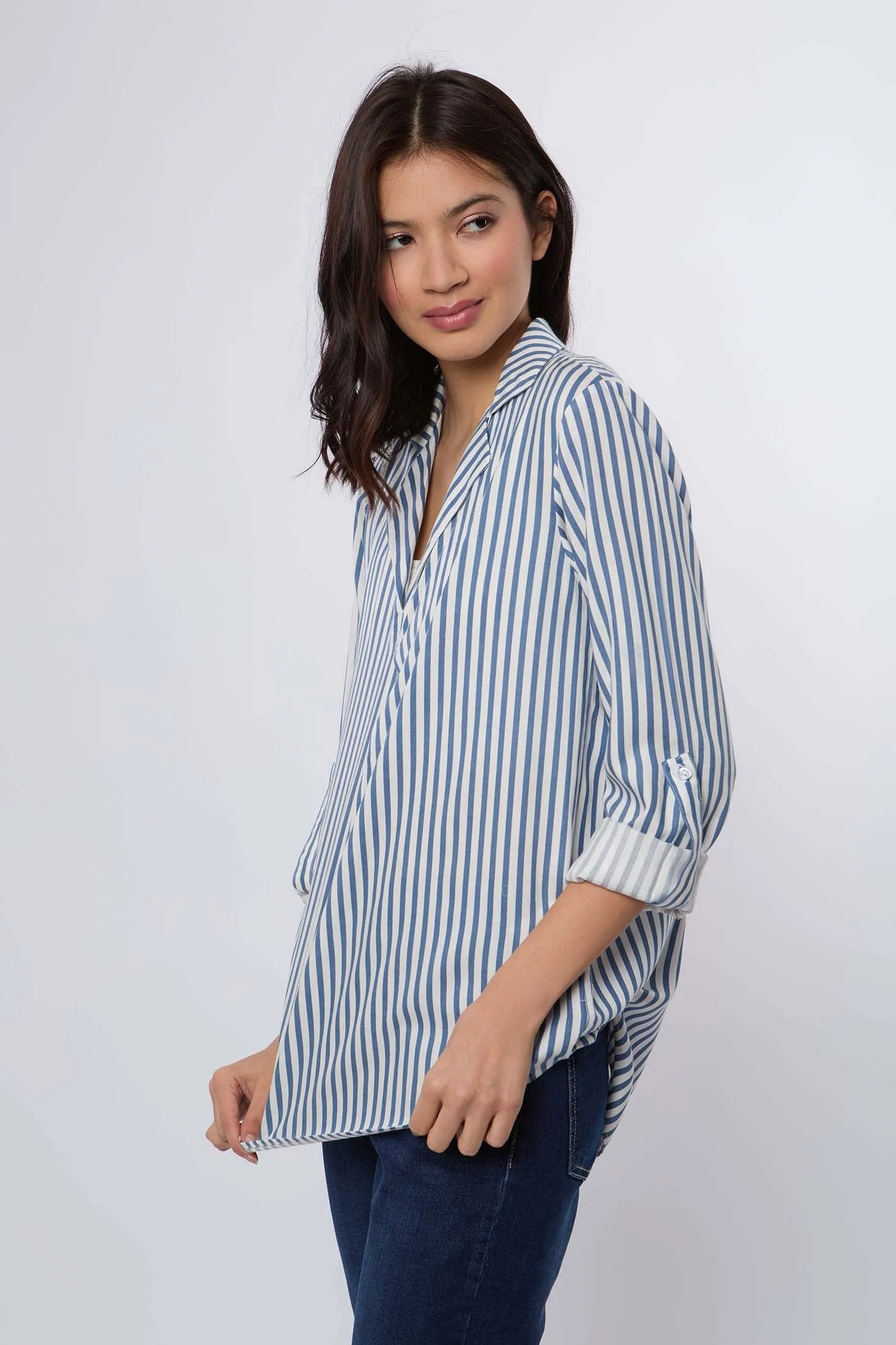 Women Blouse Long Sleeve Striped Viscose Blue