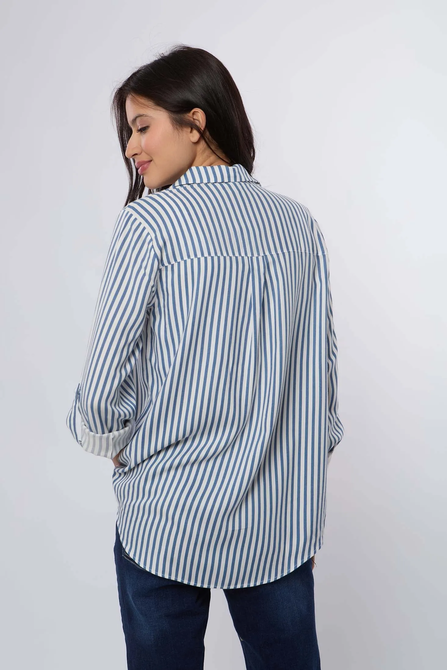 Women Blouse Long Sleeve Striped Viscose Blue