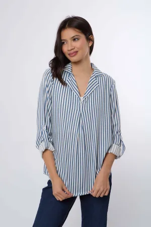 Women Blouse Long Sleeve Striped Viscose Blue