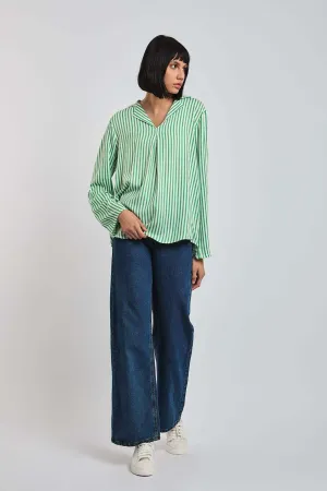Women Blouse Long Sleeve Striped Viscose Green