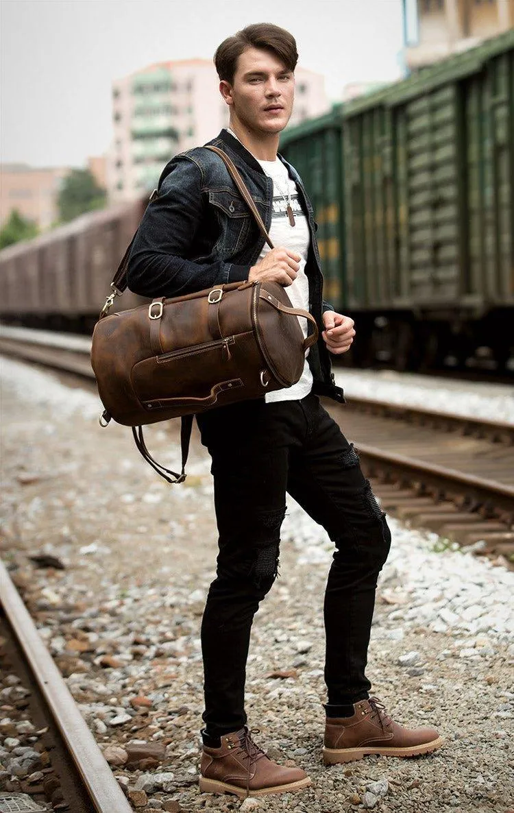 Woosir Leather Vintage Mens Backpack Large Barrel Shape