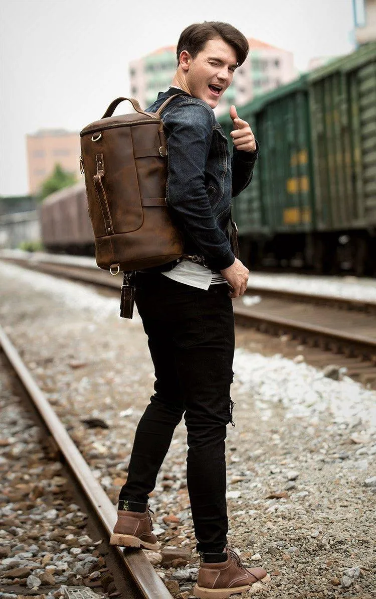 Woosir Leather Vintage Mens Backpack Large Barrel Shape