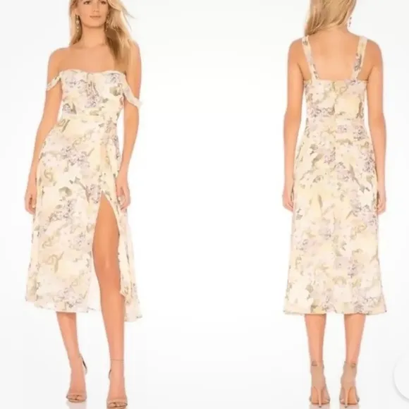 Yumi Kim Ariana Midi Floral Dress Garden Side Slit Off Shoulder Women’s Size S