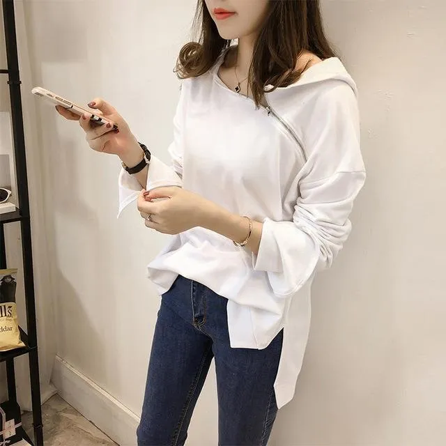Zippered Neckline Hooded Shirt