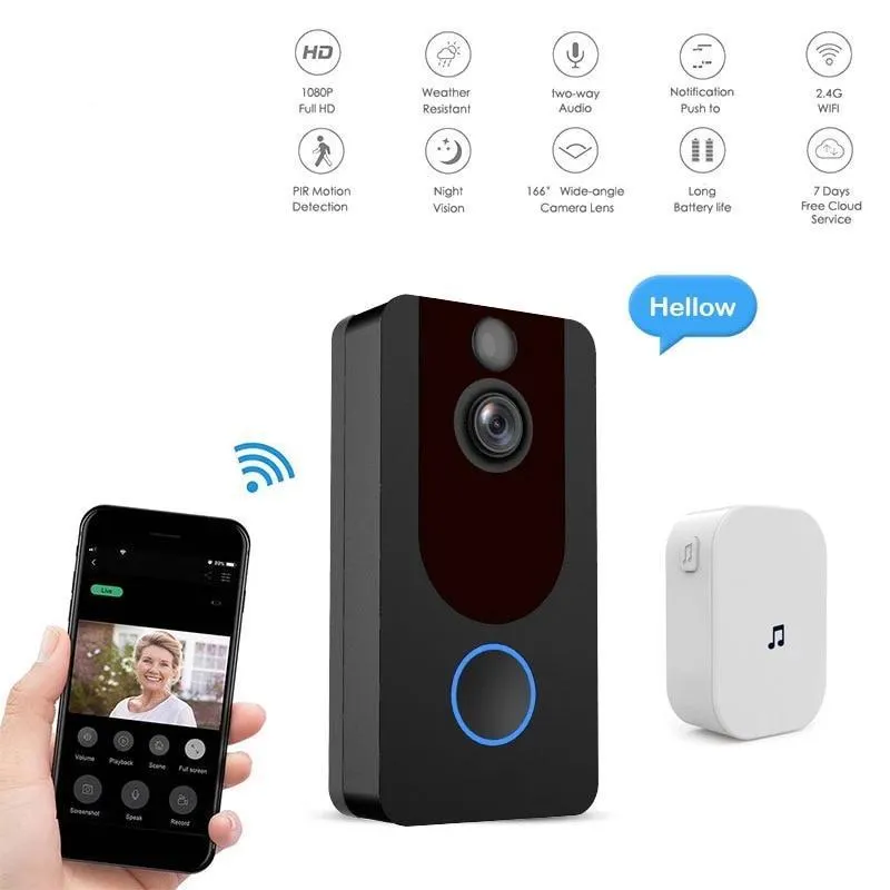 ZWN V7 HD 1080P Smart WiFi Video Doorbell Night Vision Camera Visual Intercom with Chime