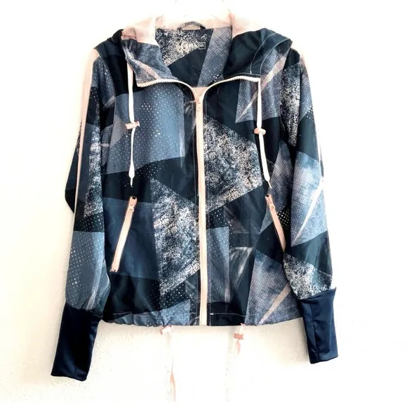 ZYIA Activewear Geometric Radical Bomber Full Zip Hooded Windbreaker Jacket XS