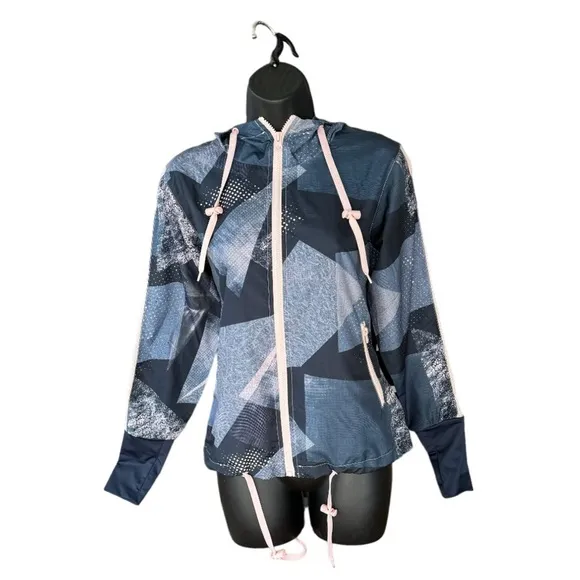 ZYIA Activewear Geometric Radical Bomber Full Zip Hooded Windbreaker Jacket XS